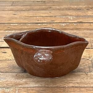 Mid Century Vintage Ceramic Double Spout Gravy Boat 6" Handle Brown